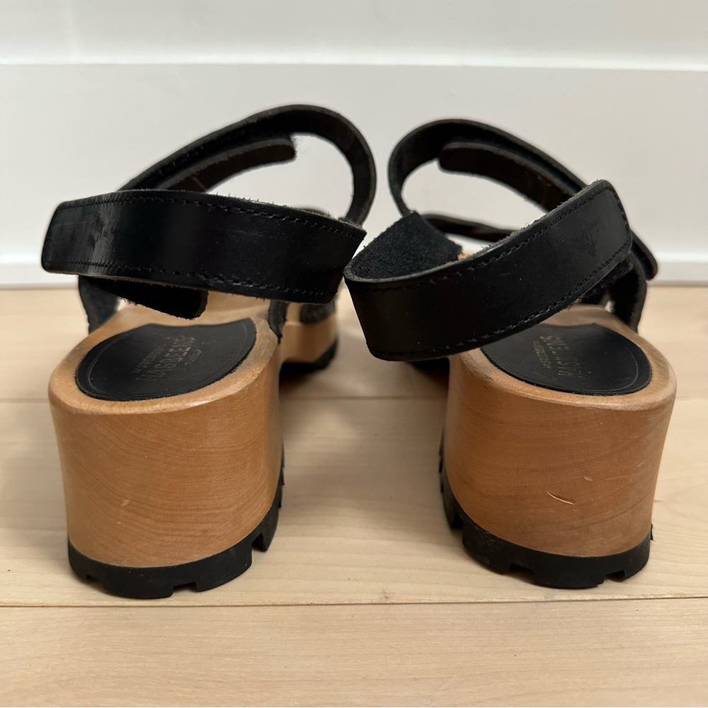 Swedish Hasbeens Leather Platform Sandals Wood Clog Heel Adjustable Velcro - Picture 6 of 12